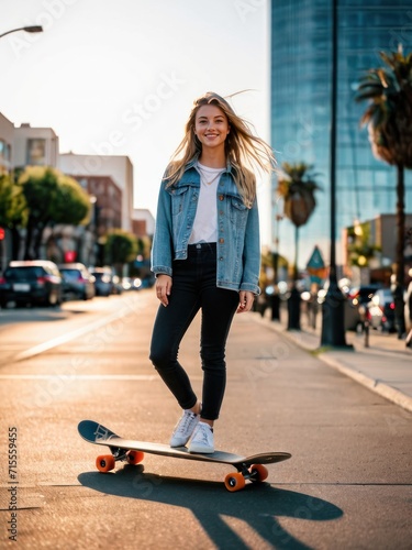 attractive young girl skateboarding on the street