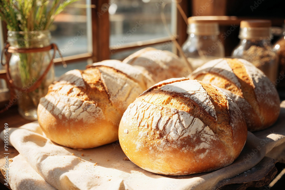 Generative AI illustration of artisan round loaves of bread with a dusting of flour on top displayed on linen cloth with sunlight casting a warm glow Generative AI illustration of artisan round loaves of bread with a dusting of flour on top displayed on linen cloth with sunlight casting a warm glow