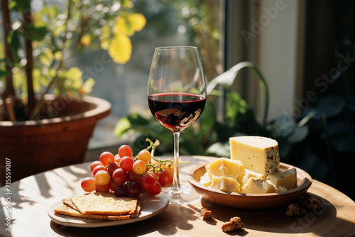 Generative AI illustration of glass of red wine with a cheese assortment grapes crackers and walnuts on a wooden table bathed in sunlight photo