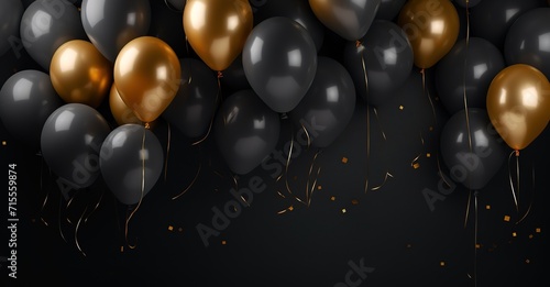gold colored balloons and black balloons on black background, invitation, backdrop