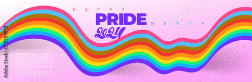 Pride Month. 2024 Pride banner with LGBT Flag Wave. Rainbow Flag Wave Design Element. LGBT flag movement on white background. Pride month june. Vector Illustration.