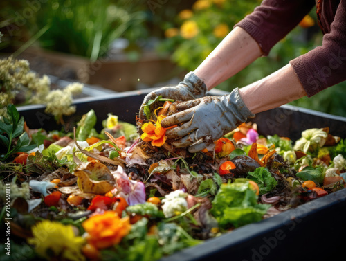 Hands Composting Organic Kitchen Scraps in Garden