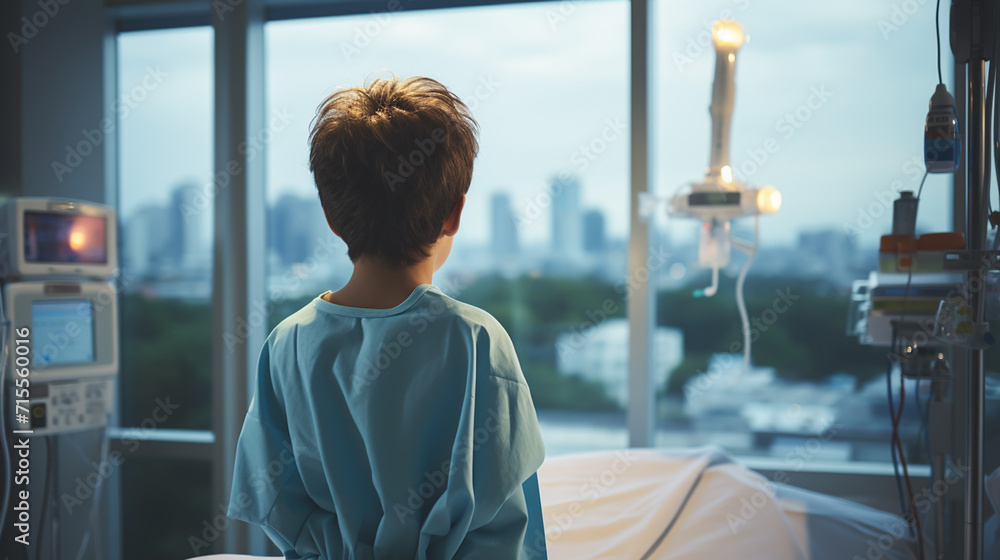Back view of kid patient sitting on hospital bed looking out of window. Preteen sick boy sitting on bed in hospital ward. Back view of kid patient sitting on hospital bed looking out of window. Preteen sick boy sitting on bed in hospital ward.