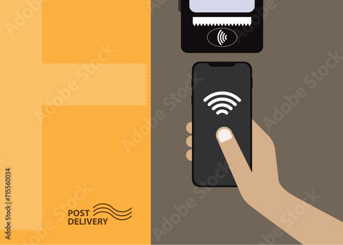 Illustration of the contactless payment by the smartphone at the post office