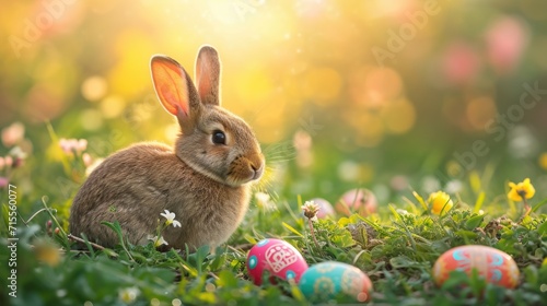 Adorable Easter bunny and Easter eggs, symbol of Easter are at green spring flower field in the morning sunrise.  © ANEK