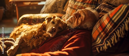 A cozy indoor scene featuring a loyal brown dog snuggled up with his person on the couch, exuding warmth and companionship