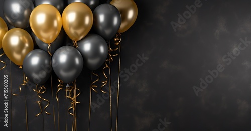 gold colored balloons and black balloons on black background, invitation, backdrop