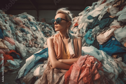 Fashionable woman surrounded by textile waste. Generative AI image photo