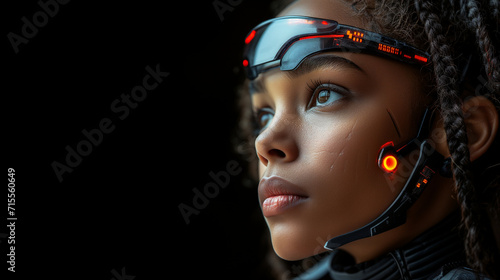 Captivating image a close up woman's face sci fi style. Futuristic artwork. The intricate details, and utilize soft lighting. A woman's attractive gaze. Black background.