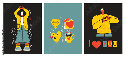 70's groovy posters, cards or stickers. Retro print with hippie cute colorful funky character concepts of crazy geometric, dripping emoticon. Only good vibes sentence