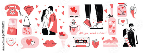 Romantic set of illustrations with man and woman. Love, love story, relationship. Vector design concept for Valentines Day
