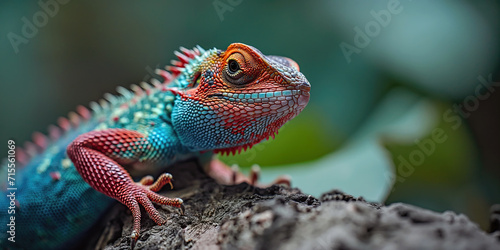 Generative AI illustration of vividly colored red and blue lizard with spiny scales rests on textured log showcasing its intricate reptilian features photo