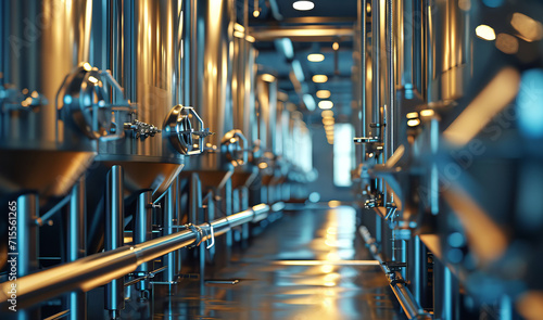 Modern beer factory, brewery concept. Steel tanks and pipes for beer production. Industrial background	 photo