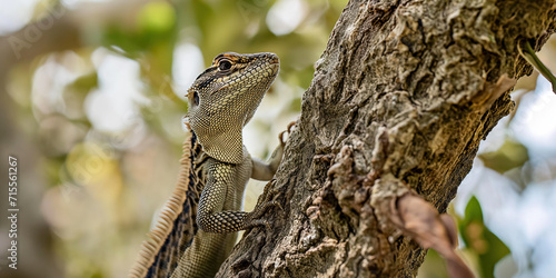 Generative AI illustration of frill necked lizard clings to a tree trunk blending into the bark with its camouflaged scales in a natural habitat photo