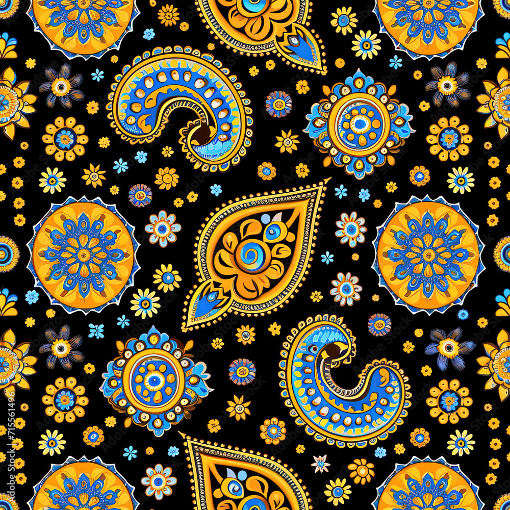 Fototapeta premium Paisley ornament colorful repeat pattern, vibrant ethnic decorative ornate 