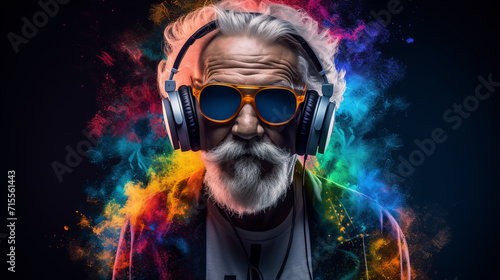 Happy hipster senior man listening to playlist music. Abstract background of Inspiration  dreams  flights of fancy. Color powder explosion