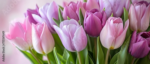 Beautiful close up bouquet of lilac tulips close up banner background for women s holidays with copy space.