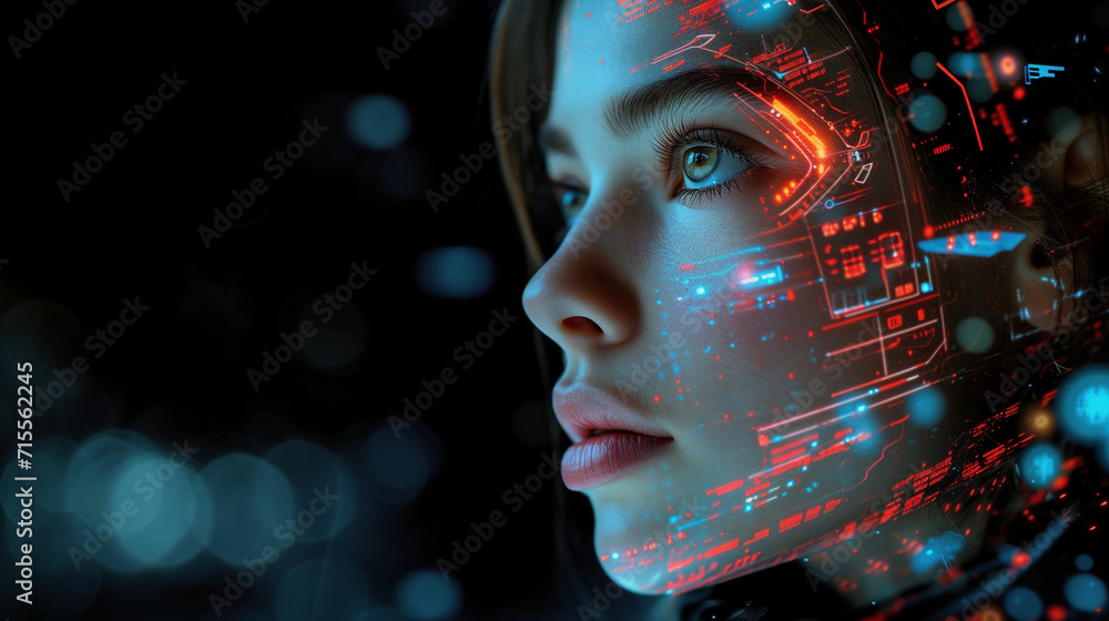 Captivating image a close up woman's face sci fi style. Futuristic artwork. The intricate details, and utilize soft lighting. A woman's attractive gaze. Black background. Captivating image a close up woman's face sci fi style. Futuristic artwork. The intricate details, and utilize soft lighting. A woman's attractive gaze. Black background.