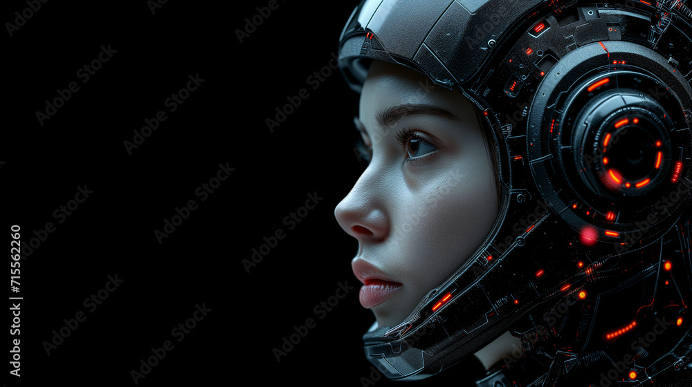 Captivating image a close up woman's face sci fi style. Futuristic artwork. The intricate details, and utilize soft lighting. A woman's attractive gaze. Black background. Captivating image a close up woman's face sci fi style. Futuristic artwork. The intricate details, and utilize soft lighting. A woman's attractive gaze. Black background.