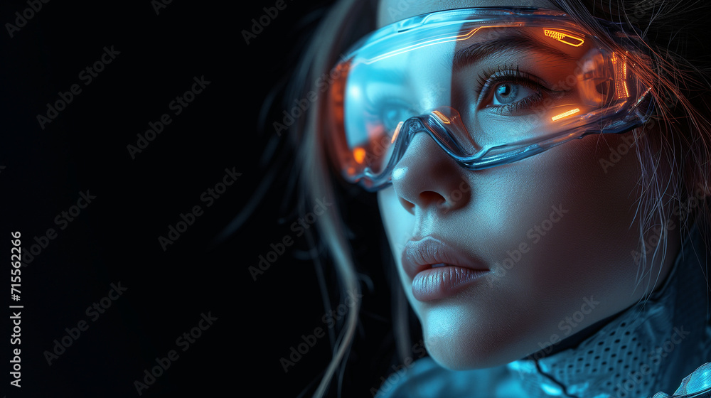 Captivating image a close up woman's face sci fi style. Futuristic artwork. The intricate details, and utilize soft lighting. A woman's attractive gaze. Black background. Captivating image a close up woman's face sci fi style. Futuristic artwork. The intricate details, and utilize soft lighting. A woman's attractive gaze. Black background.