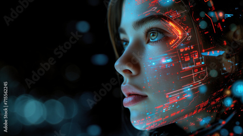Captivating image a close up woman's face sci fi style.  Futuristic  artwork. The intricate details, and utilize soft lighting. A woman's attractive gaze. Black background.
