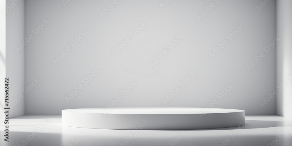 Abstract white stand for product presentation on white background, empty room with podium shadows - obrazy, fototapety, plakaty 