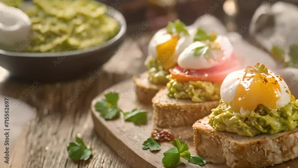 Delicious bruschetta with avocado guacamole and poached egg, the yolk slowly dripping onto the toast. Generative AI