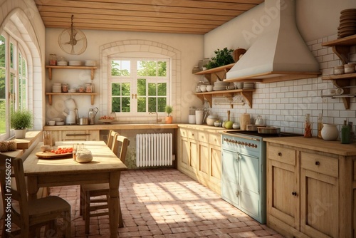 Rendered farmhouse kitchen interior. Generative AI
