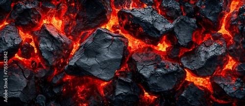 Nature's fiery embrace engulfs a jumbled heap of black stones, smoldering coals and ash, evoking the warmth and coziness of a crackling fireplace