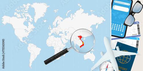 Vietnam is magnified over a World Map, illustration with airplane, passport, boarding pass, compass and eyeglasses.