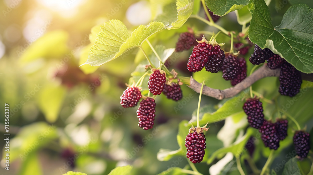 A majestic mulberry tree in full bloom, its branches laden with a profusion of ripe, succulent mulberries glistening in the warm sunlight. The vibrant contrast of green leaves and A majestic mulberry tree in full bloom, its branches laden with a profusion of ripe, succulent mulberries glistening in the warm sunlight. The vibrant contrast of green leaves and