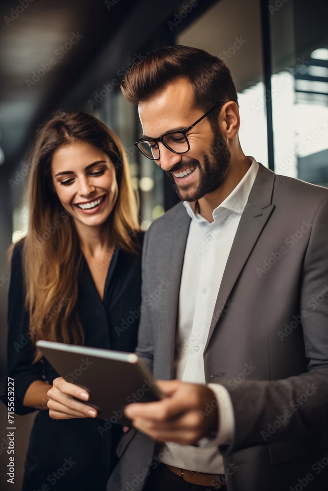 Two colleagues a young man and woman working together using tablet and smiling in the office setting Two colleagues a young man and woman working together using tablet and smiling in the office setting