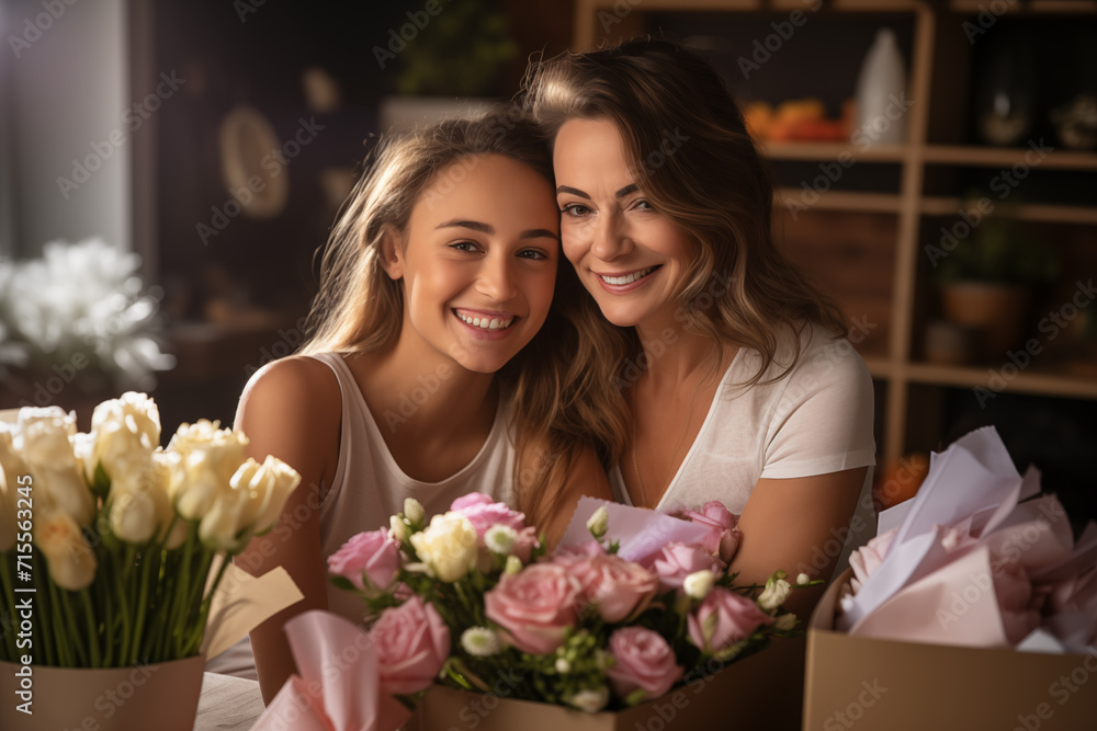 Mother's Day greeting card. International Women's Day, mother and daughter with flowers and gifts