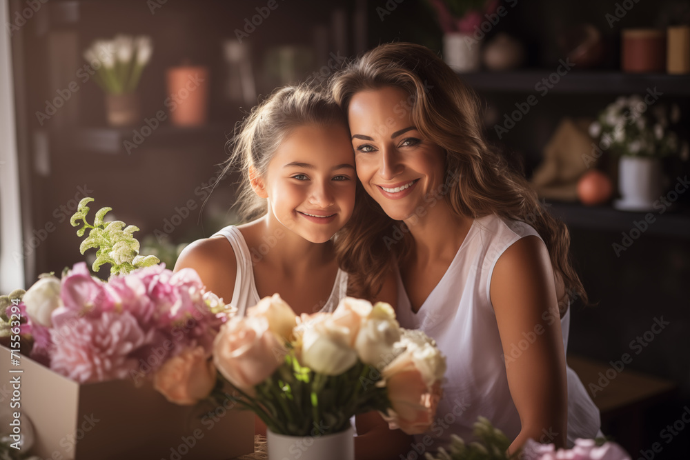 Mother's Day greeting card. International Women's Day, mother and daughter with flowers and gifts