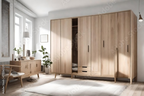 **The wooden wardrobe serves as the focal point in this modern Scandinavian bedroom. Crafted from light-toned, natural wood, it embodies the simplicity and functionality characteristic of Scandinavian photo