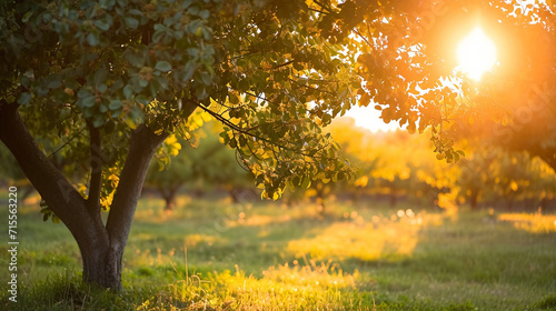An enchanting mulberry orchard during golden hour  where the soft glow of the setting sun bathes the tree branches in warm hues. The interplay of light and shadows highlights the r