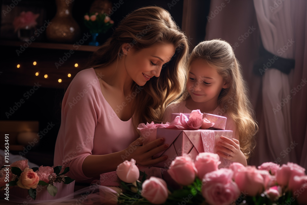 Mother's Day greeting card. International Women's Day, mother and daughter with flowers and gifts Mother's Day greeting card. International Women's Day, mother and daughter with flowers and gifts