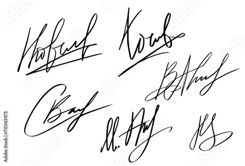 Handwriting Autograph set. Personal fictitious signature calligraphy lettering. Scrawl imaginary name for document. Vector illustration on white background