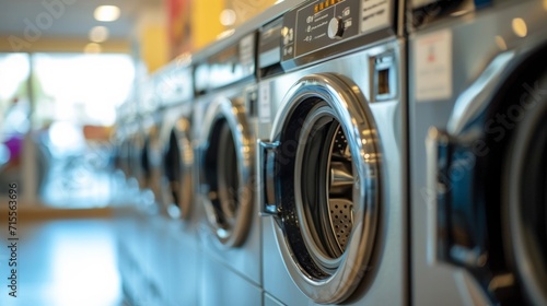 Row of industrial washing machines in public laundromat photo