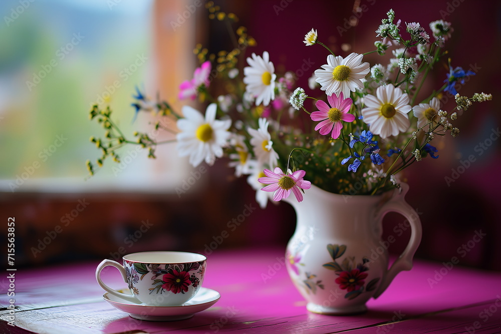 Flowers in vase and cup of coffee, spring composition, magenta tablecloth. For banner, flayer, poster, card with copy space Flowers in vase and cup of coffee, spring composition, magenta tablecloth. For banner, flayer, poster, card with copy space