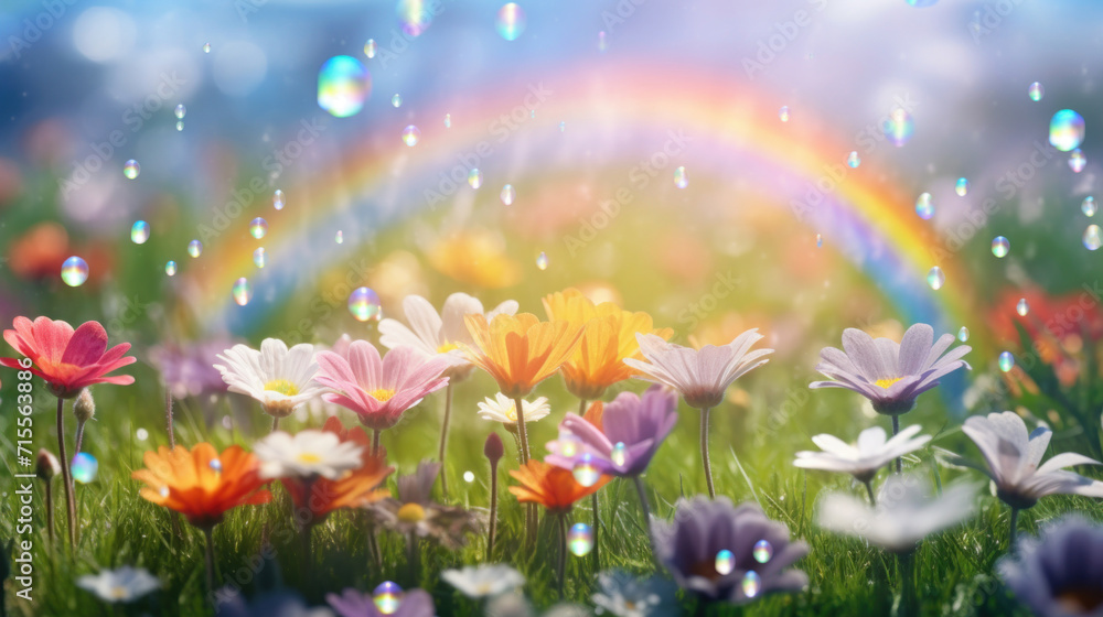 A field of multicolored flowers with a vibrant rainbow and glistening water drops, magical scenery.