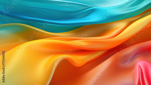 A dynamic background of flowing satin fabric in a spectrum of warm tones, from blue to orange and pink.