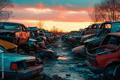 Auto scrap junkyard. Recycling of wrecked automobile used car parts. photo