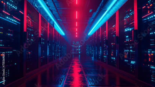 Dark datacenter with light of data signals. Technology of computer warehouse of data. photo