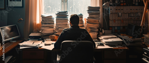 In the soft glow of sunrise, a figure is silhouetted against towering stacks of paperwork, encapsulating the essence of unwavering dedication photo