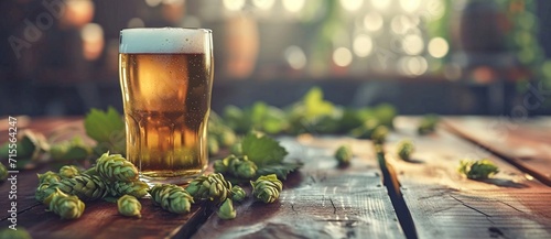 An ice-cold pint of wheat beer sits on a wooden table, surrounded by vibrant broccoli, inviting one to indulge in the refreshing taste of this alcoholic beverage while enjoying an outdoor setting