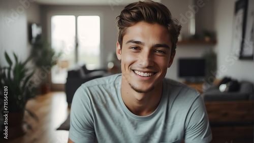 Happy young man at home looking at the camera from Generative AI