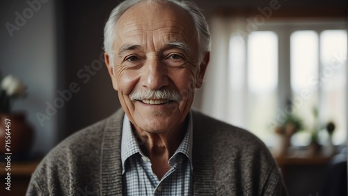 Happy elderly man at home looking at the camera from Generative AI
