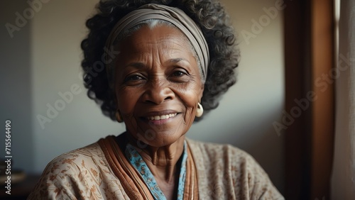 Happy elderly black african woman at home looking at the camera from Generative AI