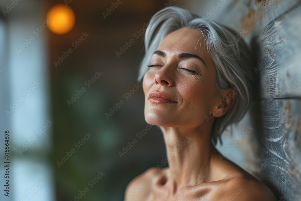Femininity, feminine self-care. Enjoying middle-aged Caucasian woman naked standing against a wall indoors Femininity, feminine self-care. Enjoying middle-aged Caucasian woman naked standing against a wall indoors